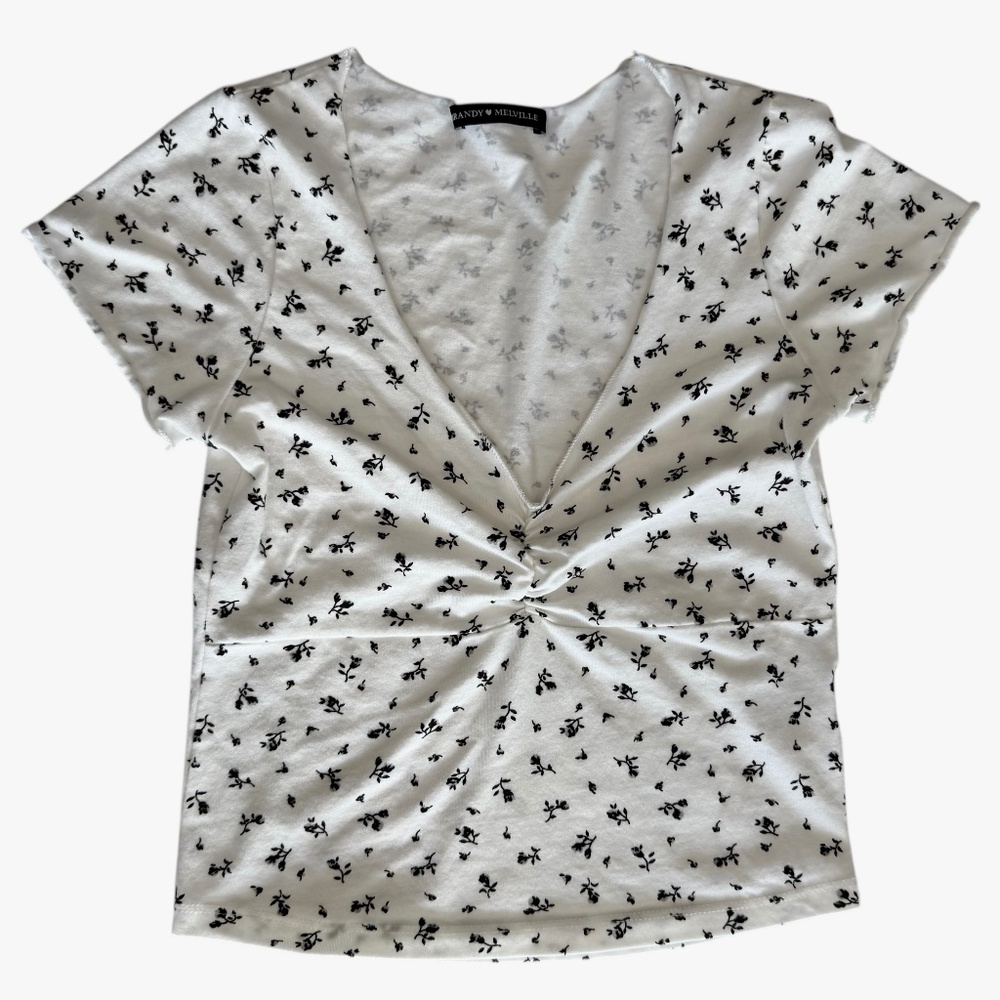 Brandy Melville White with Black Flowers‎ Short Sleeve Top